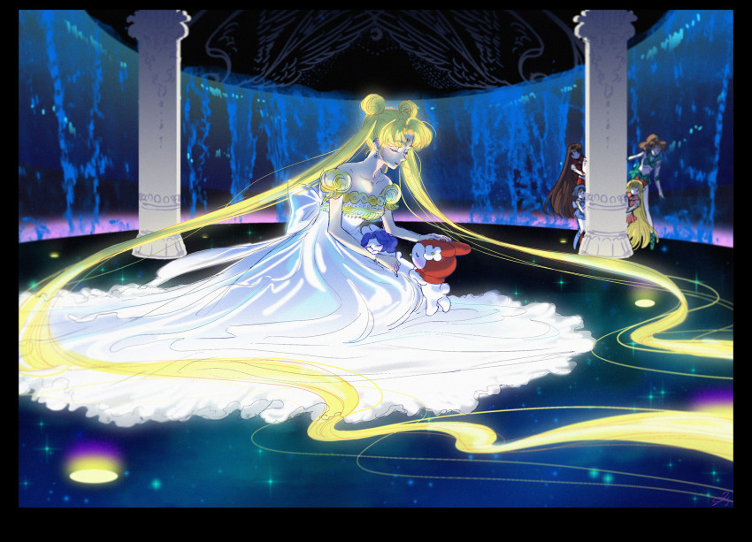 5girls absurdly_long_hair bare_arms bare_shoulders bishoujo_senshi_sailor_moon blonde_hair closed_eyes crossover dark double_bun dress hair_bun hand_on_another&#039;s_head highres hino_rei kayo kino_makoto long_dress long_hair mizuno_ami multiple_girls my_melody sailor_jupiter sailor_mars sailor_mercury sanrio sitting standing tsukino_usagi very_long_hair white_dress