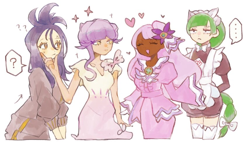 ... 4girls ? ^_^ apron arms_behind_back ascot black_hair black_jacket black_romper black_track_suit bow bowtie braid braided_ponytail chamopichamo closed_eyes cowboy_shot cross_scar dark-skinned_female dark_skin dendra_(pokemon) dress expressionless fascinator female_focus frilled_ascot frills frown gloves green_hair hand_on_another&#039;s_chin hand_up heart highres jacinthe_(pokemon) jacket juliet_sleeves lebanne_(pokemon) long_hair long_sleeves low_drills maid_apron maid_headdress master_and_servant multiple_girls nintendo open_mouth pokemon pokemon_legends:_z-a pokemon_sv puffy_sleeves purple_dress purple_hair romper scar scar_on_face scar_on_forehead sleeves_past_fingers sleeves_past_wrists smile sparkle spoken_ellipsis spoken_question_mark track_jacket track_suit trait_connection tulip_(pokemon) turtleneck turtleneck_jacket very_dark_skin very_long_hair white_bow white_bowtie white_gloves
