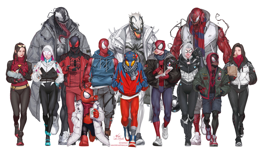 4girls 6+boys animal_print anti-venom artist_name baby backwards_hat ben_reilly black_cat_(marvel) blue_bodysuit bodysuit carnage_(marvel) carrying carrying_baby carrying_person cellphone child commentary food hat highres hood hooded_bodysuit in-hyuk_lee jacket male_focus marvel montage mouth_hold multiple_boys multiple_girls phone pig_boy pizza red_bodysuit scarlet_spider shorts silk silk_(marvel) smartphone spider-gwen spider-man_(miles_morales) spider-man_(series) spider-verse spider-verse_(comics) spider-woman spider_print spider_web_print starbucks superhero_costume symbiote two-tone_bodysuit venom_(marvel) watch western_comics_(style)