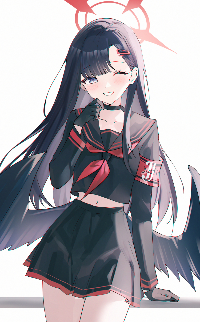 1girl absurdres armband black_choker black_gloves black_hair black_sailor_collar black_serafuku black_shirt black_skirt black_wings blue_archive blue_eyes choker commentary cowboy_shot crop_top crop_top_overhang feathered_wings gloves grin hair_ornament hairclip halo hand_up highres ichika_(blue_archive) long_hair long_sleeves looking_at_viewer low_wings midriff navel neckerchief one_eye_closed parted_bangs pleated_skirt red_neckerchief sailor_collar school_uniform serafuku shirt skirt smile solo usagi_(786113654) wings