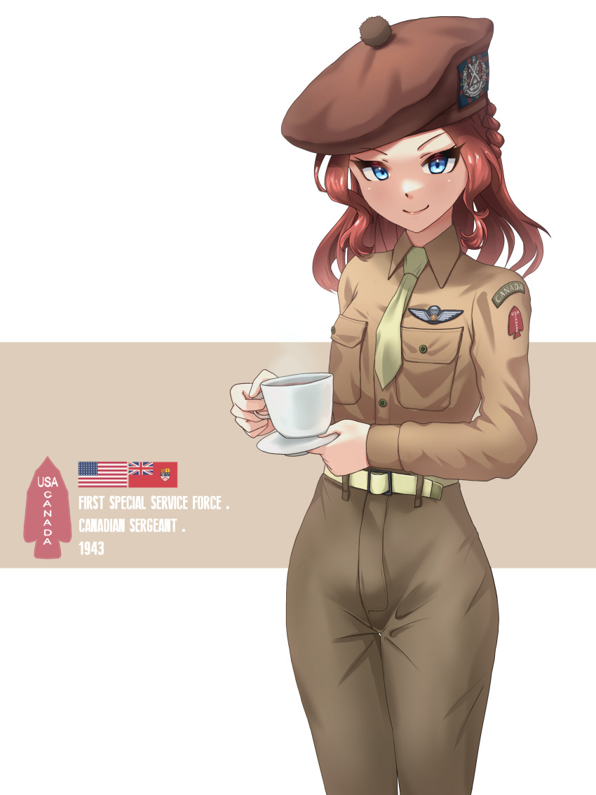 1girl absurdres american_flag belt beret blue_eyes canada cup hat highres holding holding_saucer leochan1202 long_hair military military_uniform necktie original red_hair saucer smile soldier solo teacup world_war_ii