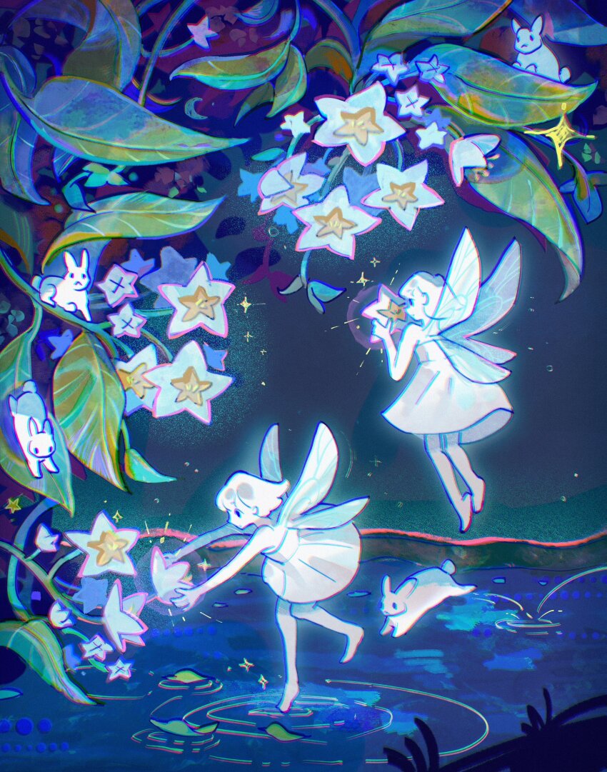 2girls dress fairy fairy_wings flower glowing highres holding jenishiiarts leaf mini_person minigirl multiple_girls nature night original outdoors plant rabbit see-through_body short_hair sky sparkle star_(symbol) strapless strapless_dress transparent_wings water wings