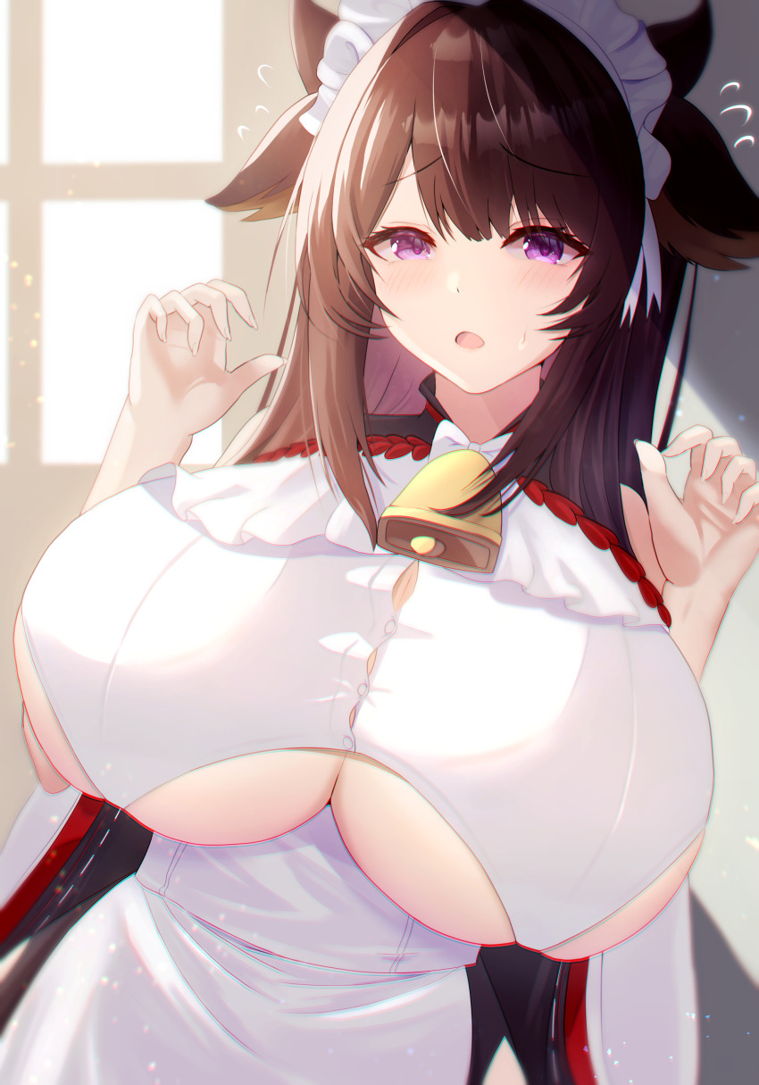 1girl absurdres animal_ears apron azur_lane bare_shoulders bell breasts brown_hair bursting_breasts clothing_cutout cow_ears cow_girl cow_horns cowbell flying_sweatdrops highres horns huge_breasts kashino_(azur_lane) kashino_(maid_for_mayhem)_(azur_lane) long_hair looking_at_viewer maid_headdress official_alternate_costume purple_eyes shirt solo tako-san_wiener_(takosanuma) underboob underboob_cutout white_apron white_shirt