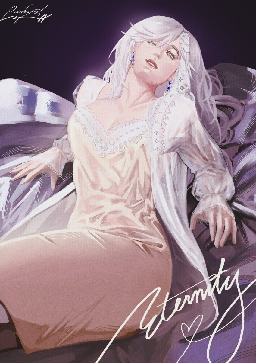 1girl absurdres breasts cleavage coat cowboy_shot eternity_(reverse:1999) grin highres jellyfish_earrings long_hair looking_at_viewer nightgown one_eye_closed parted_lips pink_nightgown purple_background reverse:1999 ripshinaide sitting smile solo very_long_hair white_coat white_hair yellow_eyes