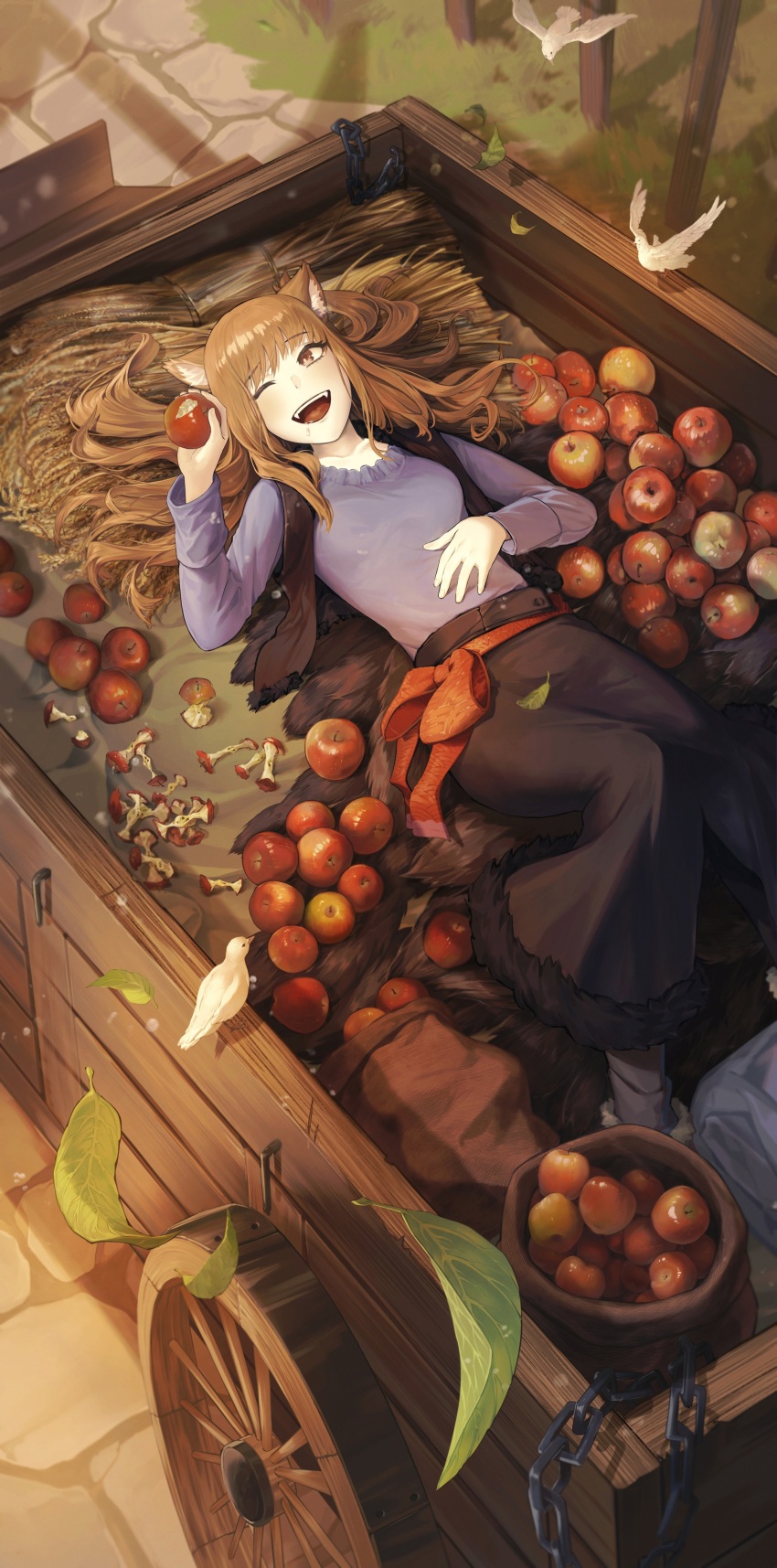 1girl :d absurdres animal_ear_fluff animal_ears apple apple_core belt bird black_skirt boots breasts brown_eyes brown_hair brown_vest chain commentary commission day drooling eating eyelashes falling_leaves flying food food_bite foot_out_of_frame from_above fruit fur-trimmed_boots fur-trimmed_skirt fur-trimmed_vest fur_trim ghiacciomania grass grey_socks hair_spread_out hand_on_own_stomach hand_up highres holding holding_food holding_fruit holo leaf long_hair long_sleeves looking_to_the_side lying medium_breasts on_back one_eye_closed open_clothes open_mouth open_vest outdoors pelt purple_shirt red_belt red_sash road sack saliva sash shirt skirt smile socks solo spice_and_wolf stone_floor teeth upper_teeth_only vest wagon wheat white_bird wolf_ears wolf_girl