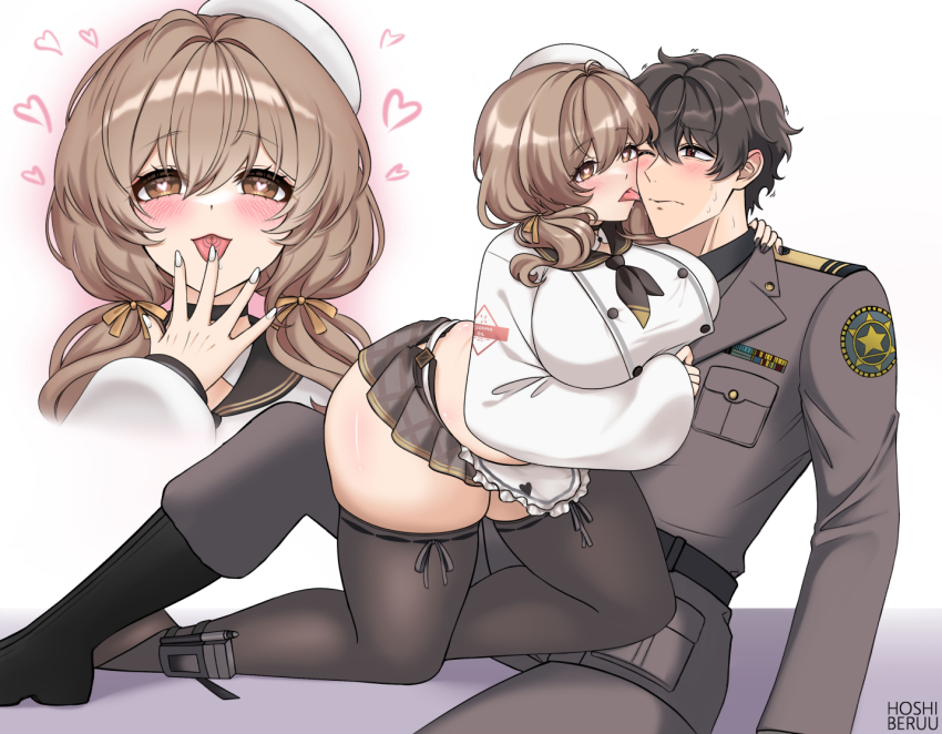 1boy 1girl apron belly blush bready_(nikke) breasts brown_eyes brown_hair brown_neckerchief commander_(nikke) goddess_of_victory:_nikke hat heart heart-shaped_pupils hetero holding hoshiberuu jacket large_breasts licking licking_another&#039;s_face long_hair long_sleeves looking_at_viewer ma male_focus military_jacket military_uniform muffin_top navel neckerchief open_mouth plump shirt short_hair skirt smile symbol-shaped_pupils thighhighs thighs tongue tongue_out twintails