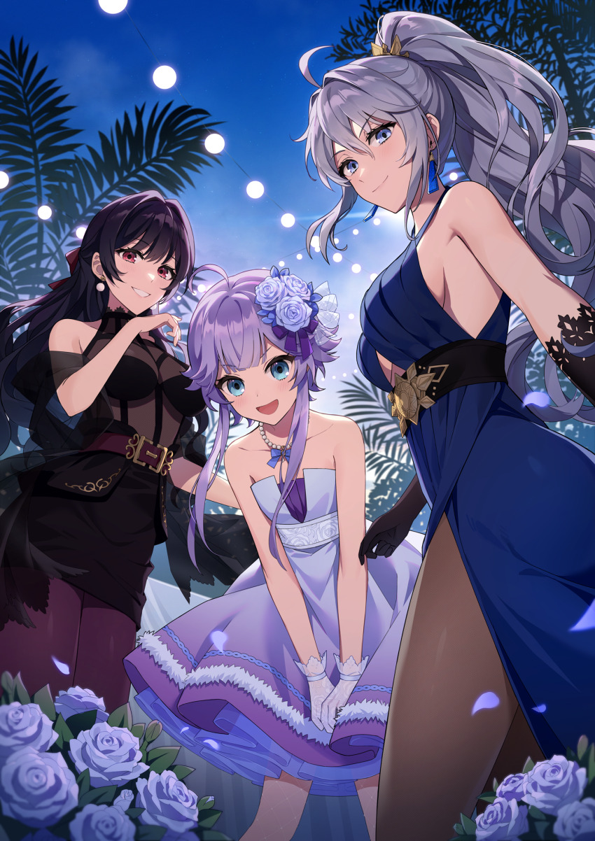 3girls ahoge black_dress black_gloves black_hair blue_dress blue_eyes blush breasts brown_pantyhose closed_mouth dress earrings elbow_gloves flower gloves grey_hair grin highres jewelry long_hair looking_at_viewer multiple_girls necklace nez39 open_mouth original panties pantyhose parted_lips pink_eyes ponytail purple_dress purple_hair red_panties rose short_hair small_breasts smile teeth underwear white_flower white_gloves white_rose