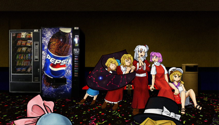 6+girls alice_margatroid alice_margatroid_(pc-98) annoyed black_hat black_sandals blonde_hair blue_hair bow closed_eyes commentary constellation dress english_commentary hair_bow hair_ornament hat highres juth_(ptns5253) louise_(touhou) mai_(touhou) maid movie_theater multiple_girls mystic_square one_eye_closed open_mouth own_hands_together pepsi pink_eyes pink_hair puffy_short_sleeves puffy_sleeves red_eyes ribbon sandals sara_(touhou) shinki_(touhou) short_hair short_sleeves side_ponytail sleeping smile star_(sky) touhou touhou_(pc-98) trash_can under_wing vending_machine white_hat yellow_eyes yuki_(touhou) yumeko_(touhou)