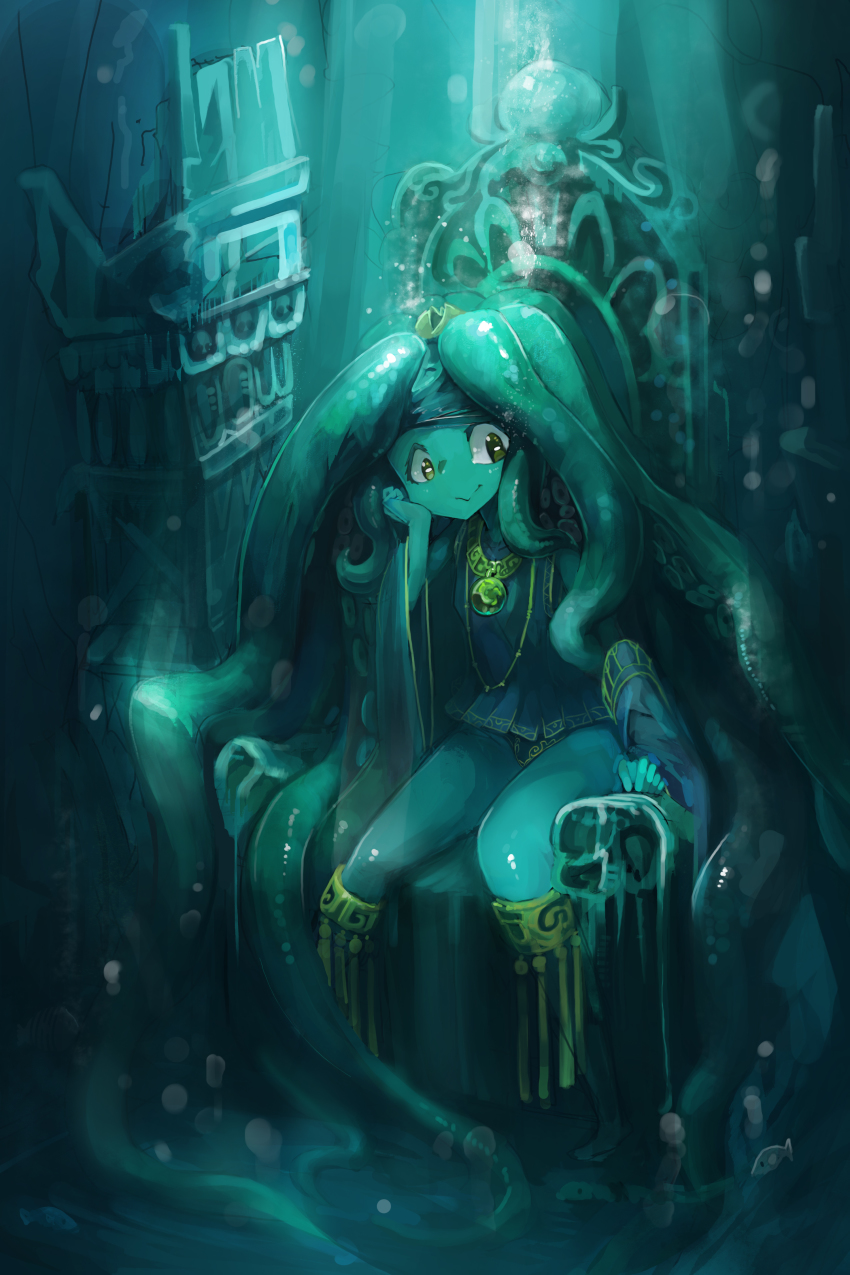 1girl absurdres blue_skin colored_skin female_focus gold highres jewelry monster_girl my700 original sitting smile solo tentacle_hair throne underwater