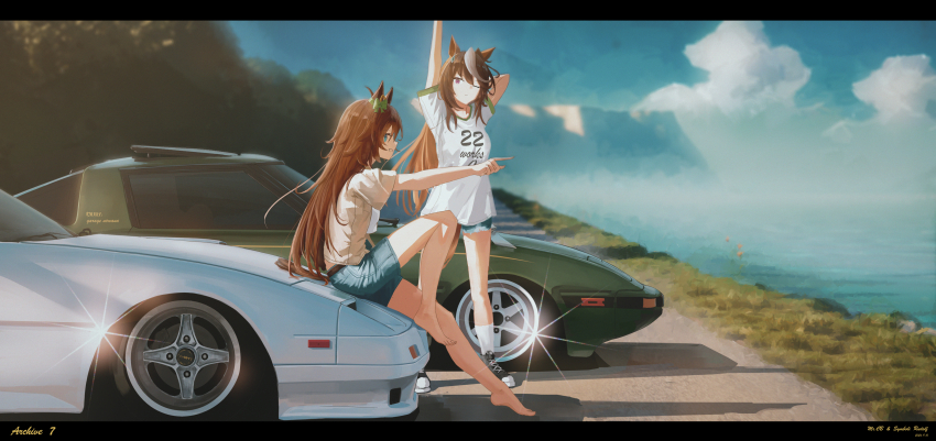 2girls animal_ears arm_up barefoot black_shoes blue_eyes blue_shorts bow brown_eyes brown_hair car cloud day denim denim_shorts ear_bow green_car highres horse_ears horse_girl horse_tail long_hair mazda_rx-7 motor_vehicle mr._c.b._(umamusume) multicolored_hair multicolored_shoes multiple_girls nissan nissan_300zx nissan_300zx_(z31) nissan_fairlady_z ocean on_car one_eye_closed outdoors run_rotary shirt shoes short_shorts shorts socks symboli_rudolf_(umamusume) t-shirt tail two-tone_hair two-tone_shoes umamusume water white_car white_hair white_shirt white_shoes white_socks