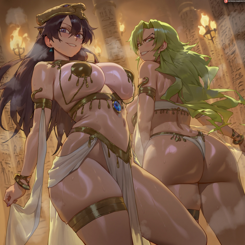 2girls ai-assisted ancient_egyptian_clothes ass bambietta_basterbine black_hair bleach bleach:_sennen_kessen-hen blue_eyes breasts candice_catnipp commentary earrings green_eyes green_hair hair_between_eyes harem_outfit hat hieroglyphics highres huge_ass jewelry large_breasts long_hair multiple_girls navel pasties pelvic_curtain shexyo shiny_skin smirk sternritter stomach sweat thick_thighs thigh_strap thighs