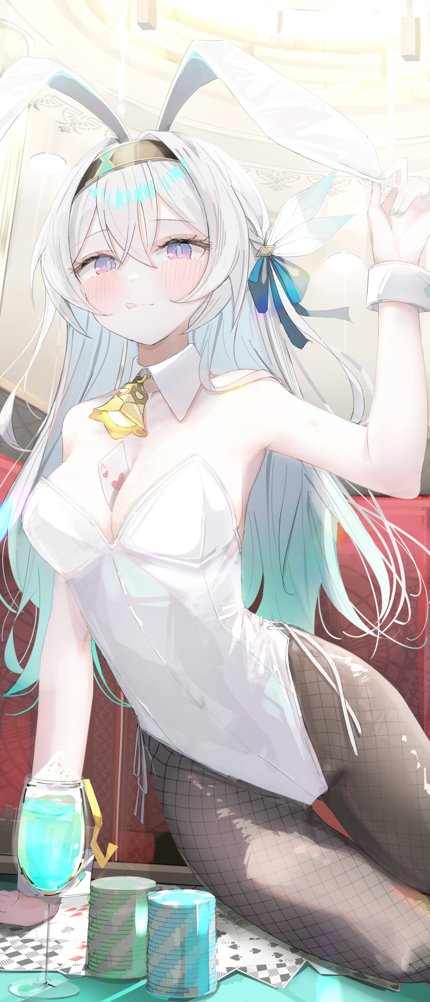1girl :q absurdres animal_ear_hairband animal_ears arm_support bell between_breasts black_hairband black_pantyhose blush breasts card card_between_breasts casino_card_table detached_collar fake_animal_ears firefly_(honkai:_star_rail) fishnet_pantyhose fishnets hairband hand_up highres honkai:_star_rail honkai_(series) incredibly_absurdres indoors leotard looking_at_viewer lying medium_breasts neck_bell nei1122 on_side pantyhose purple_eyes rabbit_ear_hairband rabbit_ears side-tie_leotard sitting sitting_on_table solo strapless strapless_leotard table tongue tongue_out white_hair white_leotard wrist_cuffs