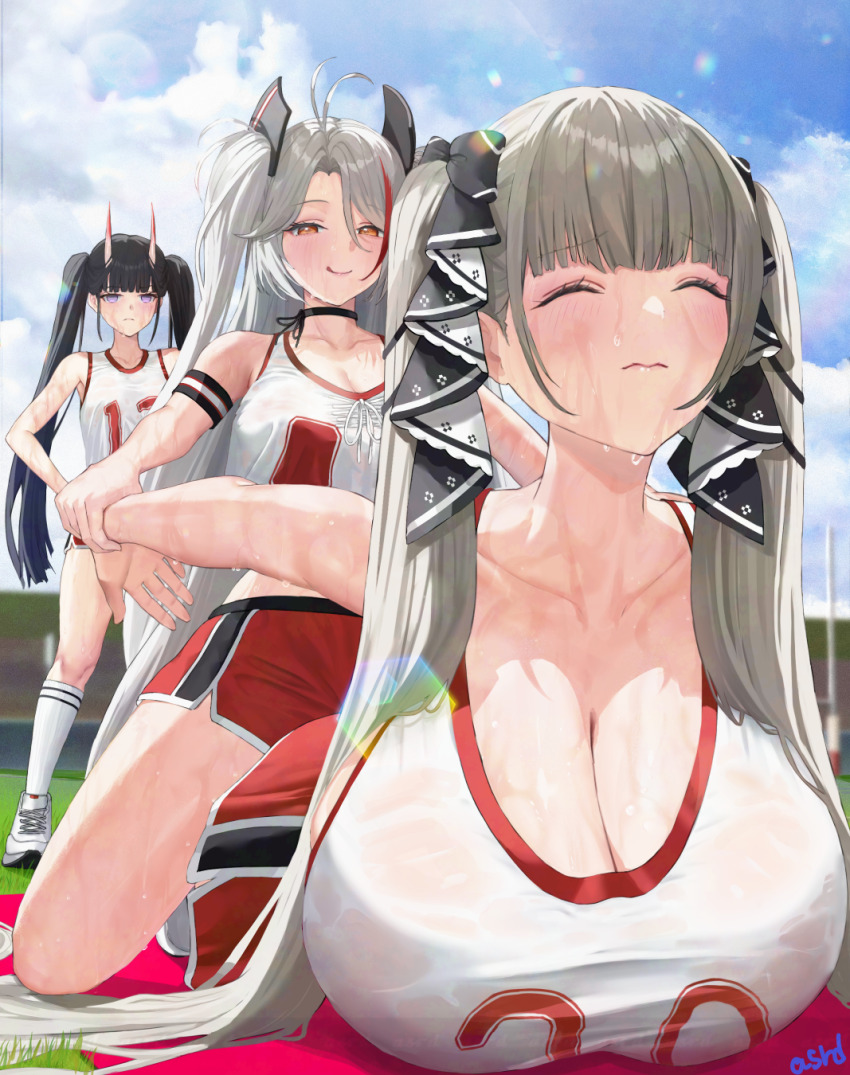 3girls asurada_yui azur_lane black_choker black_hair breasts choker cleavage closed_eyes cloud cloudy_sky collarbone crop_top day formidable_(azur_lane) full_body grabbing_from_behind grey_hair hair_ribbon highres holding_another&#039;s_wrist horns huge_breasts large_breasts long_hair multicolored_hair multiple_girls noshiro_(azur_lane) number_print official_alternate_costume orange_eyes outdoors prinz_eugen_(azur_lane) prinz_eugen_(brilliant_touchdown)_(azur_lane) red_hair red_shorts ribbon shirt shoes short_shorts shorts sky sleeveless sleeveless_shirt sneakers socks sports_bra sportswear streaked_hair stretching sweat sweaty_clothes twintails two-tone_hair very_long_hair wet wet_clothes white_hair white_shoes white_socks white_sports_bra