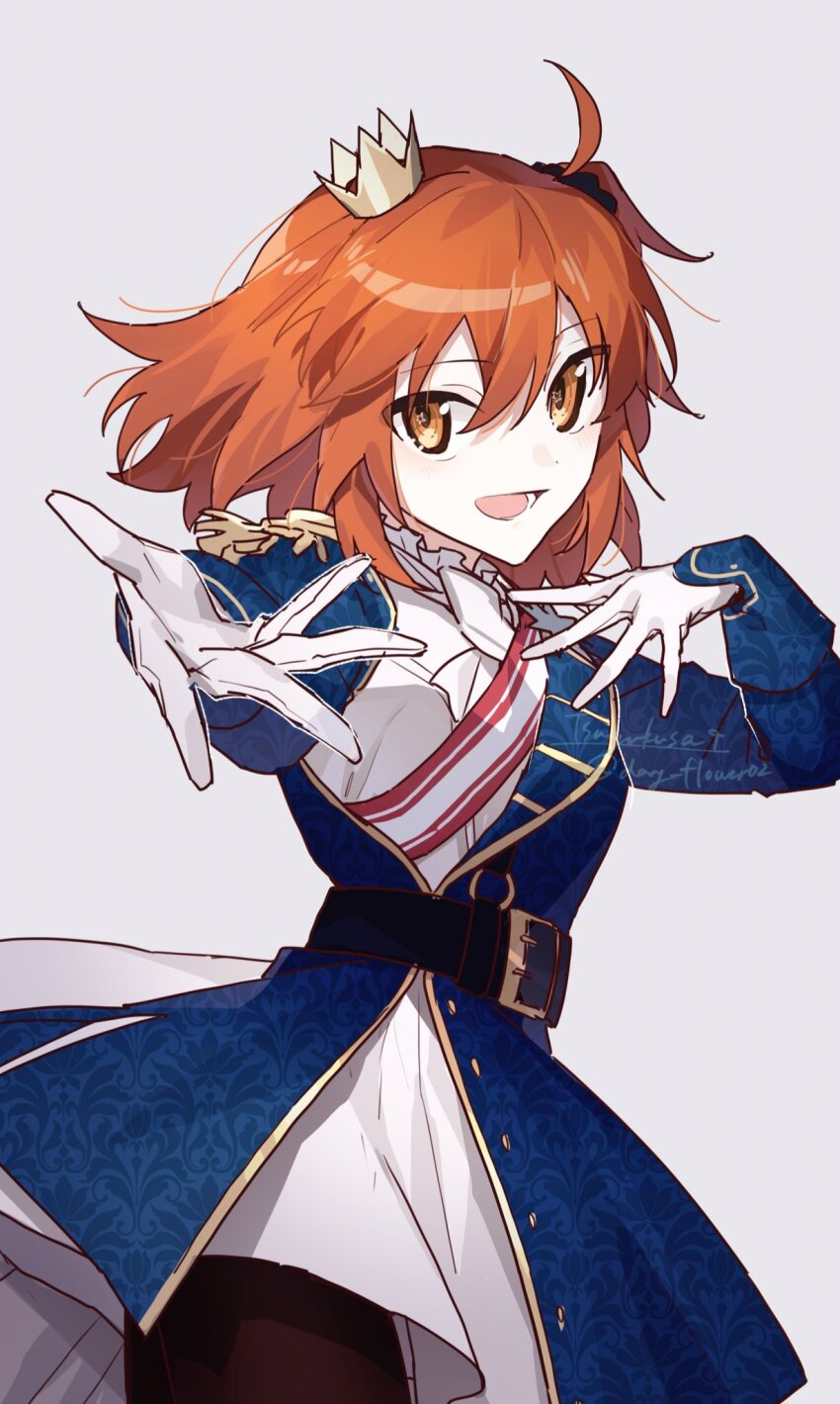 1girl ahoge belt belt_buckle black_belt black_scrunchie buckle commentary_request crown fate/grand_order fate_(series) fujimaru_ritsuka_(female) fujimaru_ritsuka_(female)_(halloween_royalty) gloves grey_background hair_ornament hair_scrunchie highres long_sleeves looking_at_viewer mini_crown official_alternate_costume orange_eyes orange_hair reaching reaching_towards_viewer scrunchie short_hair side_ponytail simple_background smile solo tsuyukusa_(eeta7273) twitter_username white_gloves