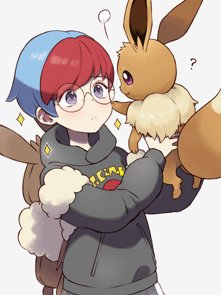 1girl ? backpack bag black-framed_eyewear blue_hair blush brown_bag commentary_request eevee gen_1_pokemon glasses highres holding holding_pokemon hood hoodie multicolored_hair nintendo parted_lips penny_(pokemon) pokemon pokemon_(creature) pokemon_sv red_hair round_eyewear sasairebun short_hair themed_object two-tone_hair