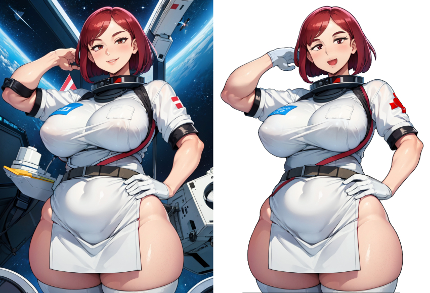 abubu ai-assisted breasts covered_erect_nipples cross gloves highres large_breasts latex latex_gloves minidress nurse original pelvic_curtain red_cross science_fiction short_hair smile space thick_thighs thighhighs thighs white_thighhighs