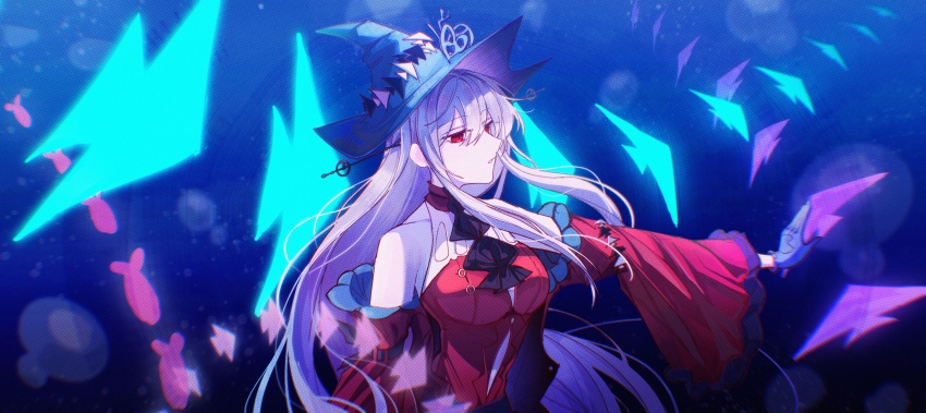 1girl absurdres arknights bare_shoulders blue_hat chinese_commentary commentary_request gloves grey_hair hair_between_eyes hat highres lens_flare long_hair long_sleeves outstretched_arm parted_lips profile purple_gloves red_eyes red_shirt shirt sidelocks skadi_(arknights) skadi_the_corrupting_heart_(arknights) solo underwater upper_body wangchuan