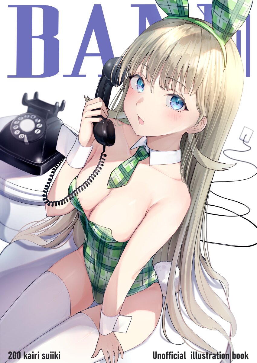 1girl absurdres alternate_costume animal_ear_hairband animal_ears antique_phone bare_shoulders blue_eyes cattleya_regina_games collarbone detached_collar fake_animal_ears from_above green_hair green_leotard green_necktie hairband hanabusa_lisa highres holding holding_phone kairi_(miry666) leotard long_hair looking_at_viewer necktie open_mouth phone plaid_clothes plaid_hairband plaid_leotard plaid_necktie playboy_bunny pointy_ears rabbit_ears rabbit_tail simple_background sitting solo tail thighhighs virtual_youtuber vspo! white_background white_thighhighs white_wrist_cuffs wrist_cuffs