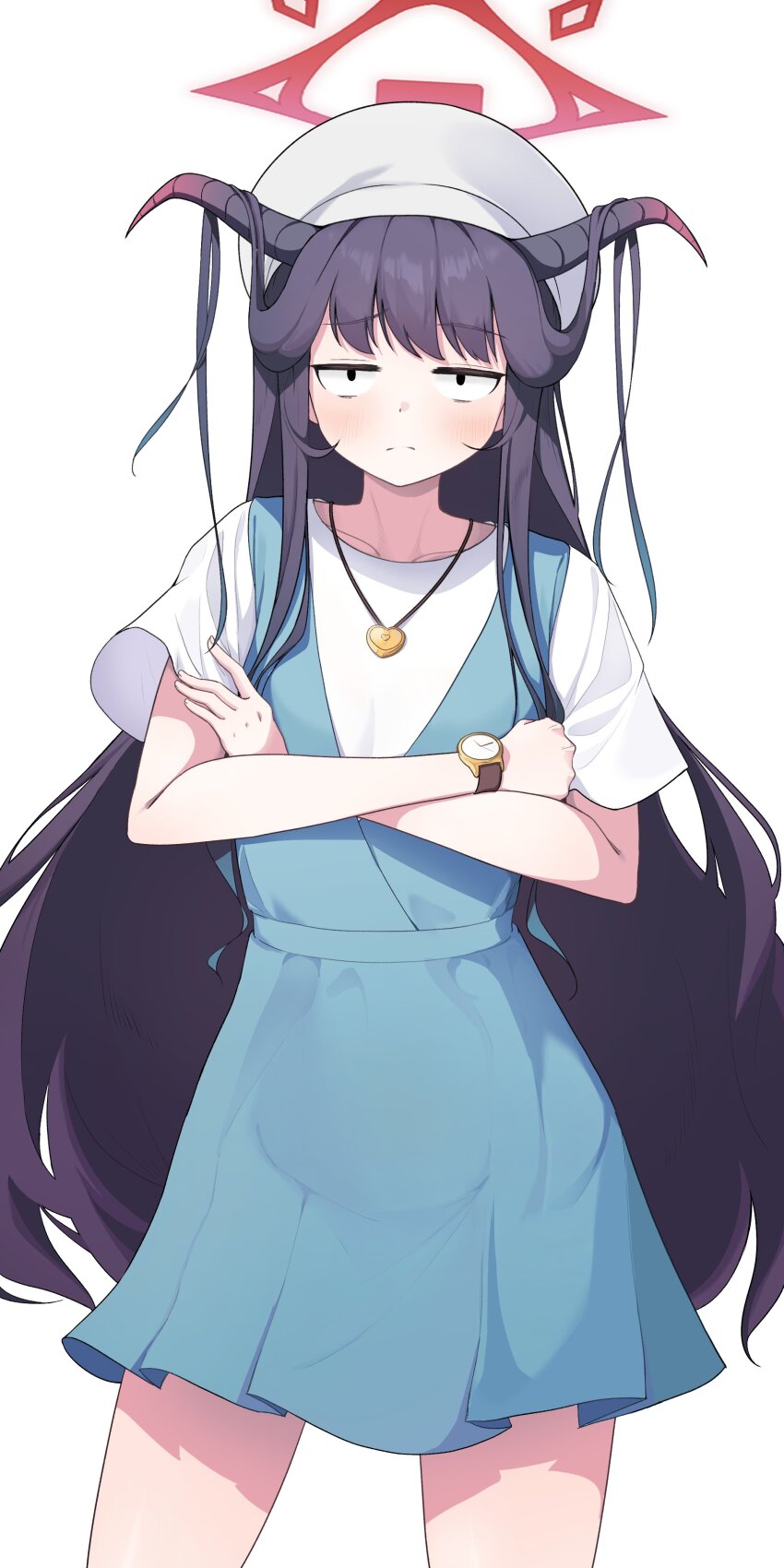 1girl absurdres beret bigmt_kid black_hair blue_archive blue_dress blush closed_mouth commentary cowboy_shot crossed_arms demon_girl demon_horns dress frown furrowed_brow fuuka_(blue_archive) fuuka_(casual)_(blue_archive) hair_down hair_on_horn halo hat heart_pendant highres horns jewelry jitome long_hair looking_at_viewer official_alternate_costume official_alternate_hairstyle pendant red_halo shirt short_sleeves sidelocks simple_background sleeveless sleeveless_dress solo split_mouth very_long_hair white_background white_hat white_shirt