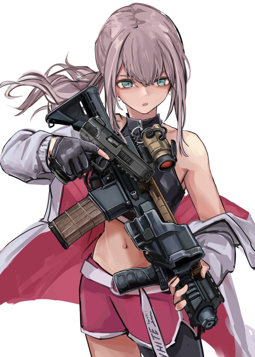 1girl absurdres aqua_eyes ar-57 ar-57_(girls&#039;_frontline) assault_rifle asymmetrical_legwear black_gloves black_thighhighs c-clamp carbine commentary commentary_request fingerless_gloves fn_five-seven girls&#039;_frontline gloves gun handgun highres holding holding_gun holding_weapon jacket lithographica midriff navel off_shoulder open_mouth pdw-caliber_pistol pink_hair pink_shorts pistol-caliber_carbine ponytail rifle shorts sidelocks simple_background single_thighhigh solo thighhighs weapon white_background white_jacket