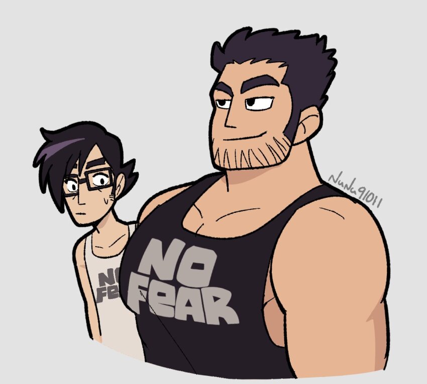 1boy 2boys bara beard_stubble black_hair black_tank_top clothes_writing cropped_torso facial_hair from_side gideon_graves girl_staring_at_guy&#039;s_chest_(meme) huge_eyebrows large_pectorals looking_ahead looking_at_another looking_at_pectorals lucas_lee male_focus matching_outfits meme multiple_boys muscular muscular_male nunu_(nunu91011) official_alternate_costume official_style pectoral_cleavage pectorals scott_pilgrim_(series) scott_pilgrim_takes_off short_hair sidepec smile solo stubble tank_top yaoi