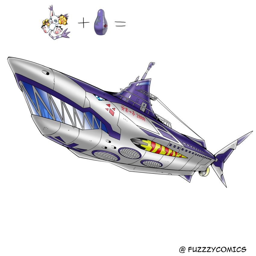 blue_eyes crests_(digimon) digimental digimental_of_sincerity digimon digimon_(creature) fuzzzycomics highres oridigi original shark submarine tailmon twitter_username watercraft