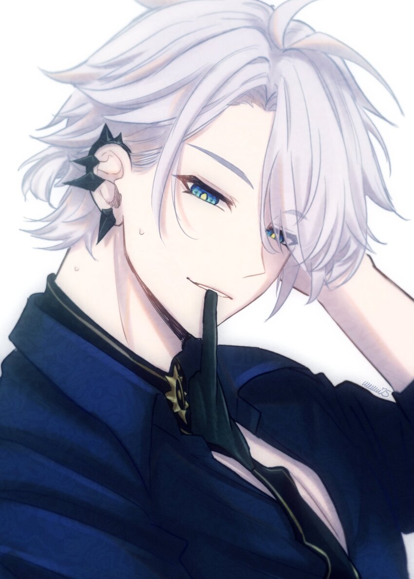 000nemuiyo000 1boy absurdres antenna_hair black_choker black_gloves black_shirt blue_eyes choker collared_shirt commentary earclip glove_in_mouth gloves highres honkai:_star_rail honkai_(series) looking_at_viewer male_focus mouth_hold official_alternate_costume parted_bangs parted_lips pectoral_cleavage pectorals phainon_(fashion)_(honkai:_star_rail) phainon_(honkai:_star_rail) photo_inset ponytail reference_inset shirt short_hair simple_background solo sweatdrop unworn_gloves upper_body white_background white_hair