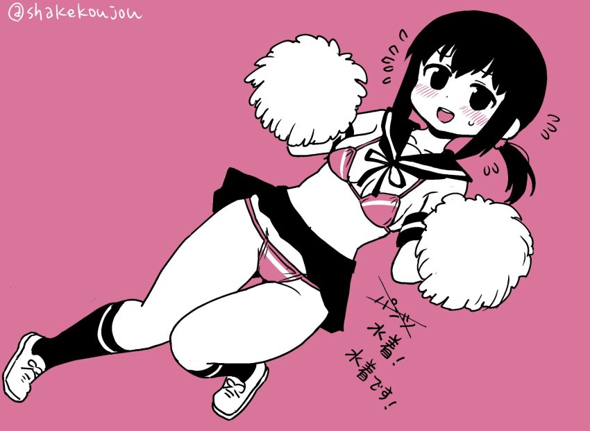 1girl bikini cheerleader flat_color flying_sweatdrops fubuki_(kancolle) full_body highres holding holding_pom_poms kantai_collection kneehighs long_hair low_ponytail monochrome pleated_skirt pom_pom_(cheerleading) pom_poms ponytail sailor_collar shake-o shoes short_ponytail sidelocks skirt sneakers socks solo spot_color swimsuit