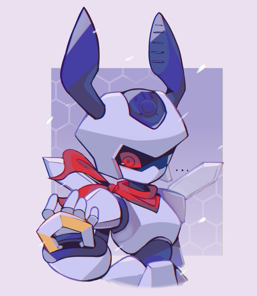 1boy armor bandana bandana_around_neck border heartlesslygold helmet highres humanoid_robot looking_at_viewer medarot no_humans red_bandana red_eyes robot rokusho_(medarot) solo upper_body white_armor white_border white_helmet