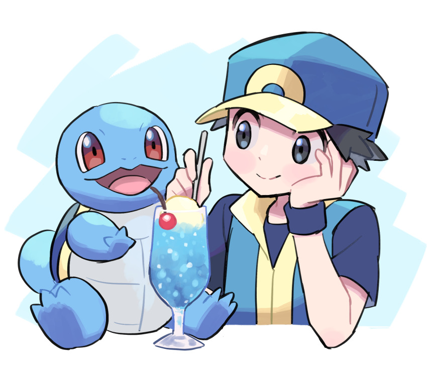 1boy alternate_color black_eyes black_hair blue_hat blue_jacket commentary_request creatures_(company) food game_freak gen_1_pokemon hat head_rest highres ice_cream jacket male_focus nintendo open_mouth pokemon pokemon_(creature) pokemon_frlg pumpkinpan red_(pokemon) smile squirtle sundae wristband