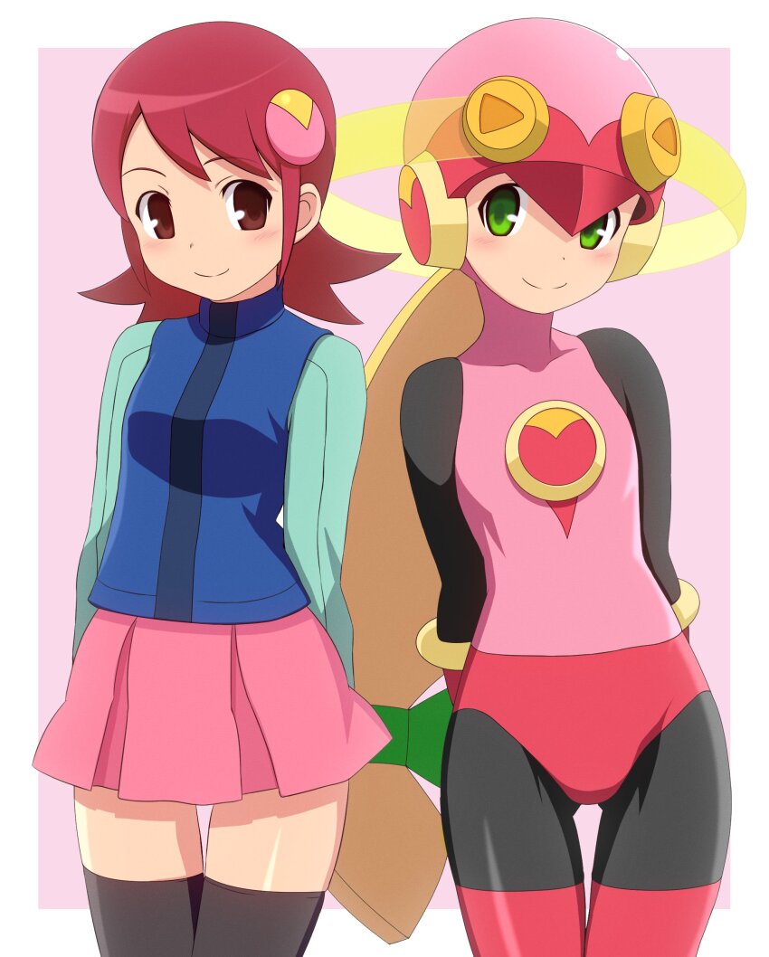 2girls absurdres aqua_shirt arms_behind_back black_bodysuit black_thighhighs blonde_hair blue_vest bodysuit border brown_eyes cowboy_shot curakuru green_eyes highres leotard long_hair looking_at_viewer mayl_sakurai_(mega_man) medium_hair mega_man_(series) mega_man_battle_network_(series) multiple_girls netnavi pink_background pink_leotard pink_skirt red_hair roll.exe_(mega_man) shirt simple_background skirt smile thighhighs vest white_border