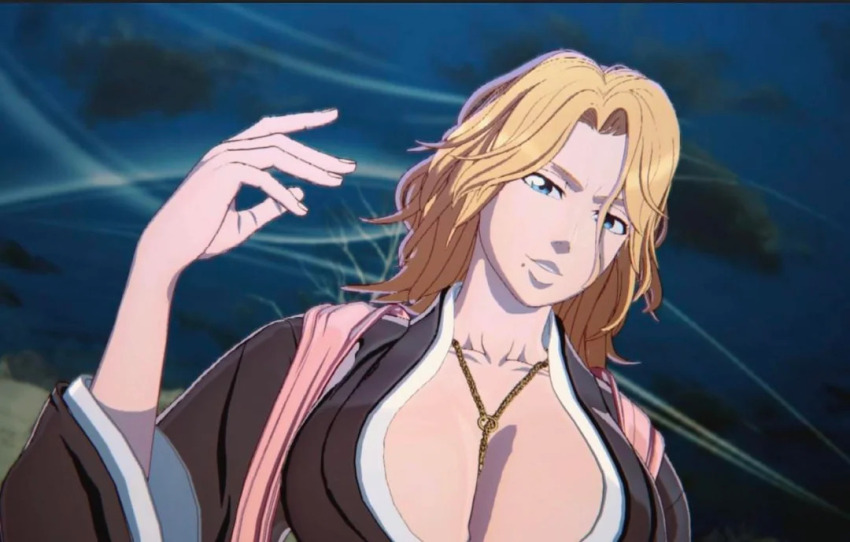 1girl 3d between_breasts bleach bleach:_rebirth_of_souls bleach:_sennen_kessen-hen blonde_hair blue_eyes breasts chain chain_necklace cleavage collarbone female_focus huge_breasts jewelry large_breasts lips looking_at_viewer lowres matsumoto_rangiku medium_hair mole mole_under_mouth necklace official_art solo source_request upper_body