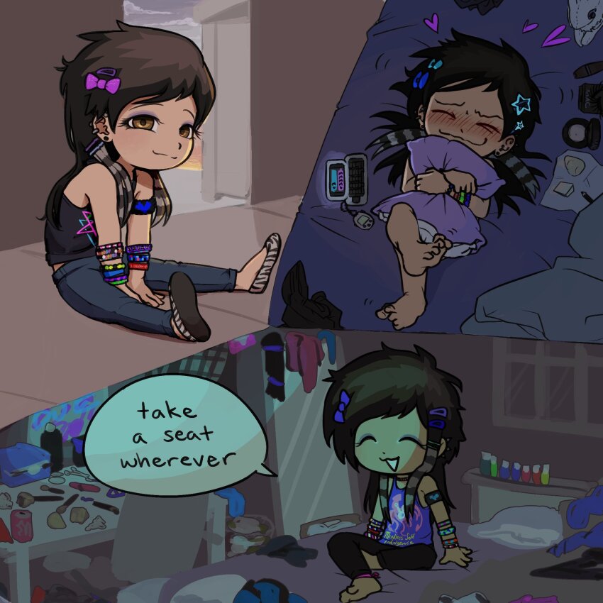 1girl adriana_ortega bedroom blush bow child denim ear_piercing earrings eyelashes eyeshadow feet hair_bow hair_ornament hairclip highres homunculus100 hugging_object jeans jewelry makeup mindless_self_indulgence mirror non-web_source original pants phone piercing pillow pillow_hug raccoon_tails_(hairstyle) scene_fashion sitting smile speech_bubble star_(symbol) star_hair_ornament toes