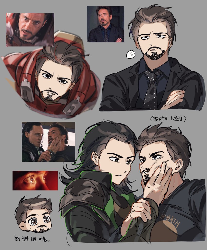 2boys absurdres animification arc_reactor armor avengers_(series) black_coat black_eyes black_hair black_jacket black_necktie black_shirt blue_shirt brown_eyes brown_hair chjjlold closed_mouth clothes_writing coat collared_shirt commentary_request crossed_arms derivative_work facial_hair grabbing_another&#039;s_face grey_background hand_up head_grab highres holding_another&#039;s_wrist iron_man jacket korean_commentary korean_text lapels loki_(marvel) long_sleeves looking_at_another looking_at_viewer looking_up male_focus marvel marvel_cinematic_universe medium_hair multiple_boys multiple_views necktie open_clothes open_jacket polka_dot_necktie power_armor red_armor screenshot_redraw shirt short_hair simple_background suit_jacket superhero_costume sweatdrop t-shirt teeth the_avengers_(2012) tony_stark upper_body v-shaped_eyebrows