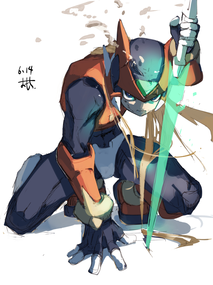 1boy armor black_eyes blonde_hair dated energy_sword full_body helmet highres holding holding_sword holding_weapon mega_man_(series) mega_man_zero_(series) omochi_(mochi_skymega) on_one_knee red_armor red_helmet simple_background solo sword weapon white_background z_saber zero(z)_(mega_man) zero_(mega_man)