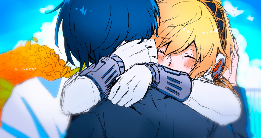 1boy 1girl absurdres aigis_(persona) android blonde_hair blue_hair closed_eyes eme_(204) highres hug persona persona_3 short_hair yuuki_makoto_(persona_3)