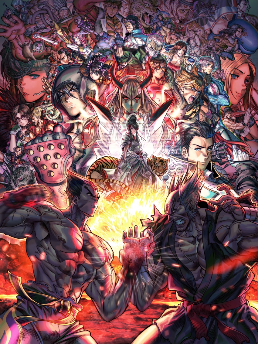 6+boys 6+girls absurdres alisa_boskonovich anna_williams armor_king black_hair blonde_hair blue_eyes bob_(tekken) breasts brown_hair bryan_fury clash claudio_serafino cleavage craig_marduk dark-skinned_male dark_skin detached_arm dougi eddy_gordo eliza_(tekken) emilie_de_rochefort everyone fahkumram feng_wei fighting_stance ganryu_(tekken) gigas_(tekken) green_eyes hair_between_eyes hand_on_own_chin highres hwoarang_(tekken) jack-7 japanese_clothes josie_rizal julia_chang katarina_alves kazama_asuka kazama_jin king_(tekken) kuma_(tekken) kunimitsu_ii large_breasts lars_alexandersson lee_chaolan lei_wulong leo_kliesen leroy_smith lidia_sobieska ling_xiaoyu lucky_chloe marshall_law mask master_raven mechanical_arms miguel_caballero_rojo mishima_heihachi mishima_kazumi_(tekken) mishima_kazuya multiple_boys multiple_girls muscular muscular_male nina_williams nipples panda_(tekken) panzer_(pnzrk) paul_phoenix pink_hair sergei_dragunov shaheen single_mechanical_arm smile steve_fox tekken tekken_7 topless_male yoshimitsu_(namco) zafina