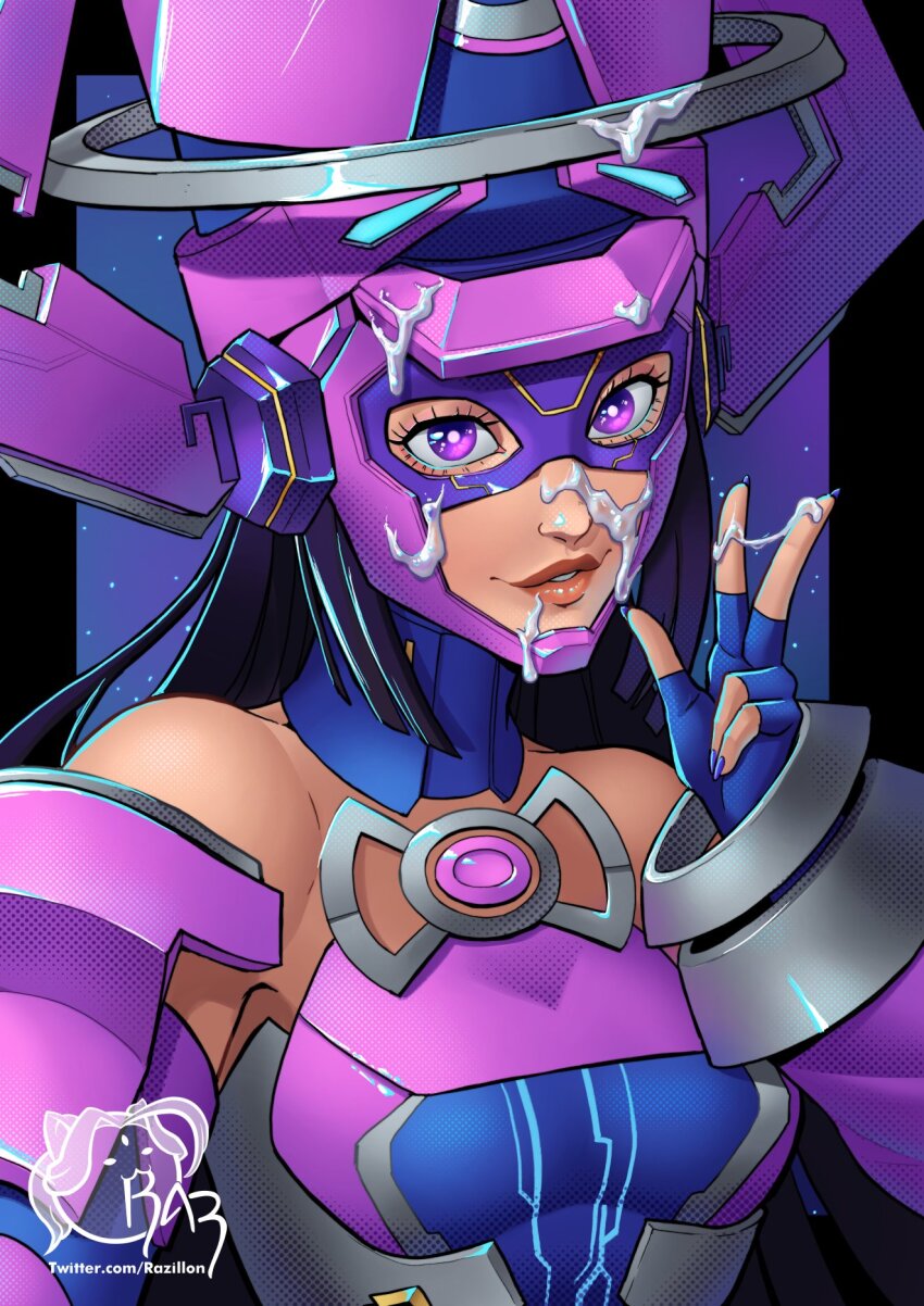 black_hair cum cum_on_body cum_on_headwear detached_sleeves facial fingerless_gloves galacta gloves helmet highres lips long_hair marvel marvel_rivals purple_eyes purple_helmet razillon solo strapless