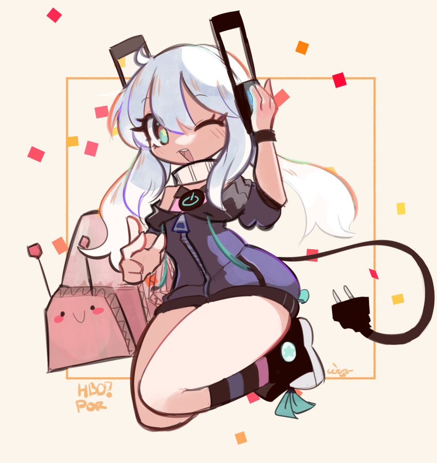1girl ;d arm_up bare_shoulders black_shoes borrowed_character brown_background cable cable_tail ceroro commentary confetti digitan_(porforever) electric_plug electric_plug_tail english_commentary green_eyes hair_between_eyes happy_birthday headphones highres hood hood_down hooded_jacket jacket long_sleeves looking_at_viewer mechanical_tail off_shoulder one_eye_closed open_mouth original pink_shirt power_symbol purple_jacket shirt shoes sleeveless sleeveless_shirt smile snail socks solo star-shaped_pupils star_(symbol) striped_clothes striped_socks symbol-shaped_pupils tail white_hair