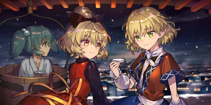3girls arm_warmers black_bow black_shirt blonde_hair bow brown_dress brown_shirt bucket choko_(cup) city closed_mouth cloud cloudy_sky copyright_notice cup dress former_capital green_eyes green_hair hair_between_eyes hair_bow hair_bun highres holding holding_cup in_bucket in_container japanese_clothes kimono kisume kurodani_yamame long_sleeves looking_to_the_side mizuhashi_parsee multiple_girls night ninomotonino official_art orange_eyes outdoors pointy_ears ribbon scarf shirt short_hair single_hair_bun sitting sky smile snowing star_(sky) starry_sky third-party_source touhou touhou_lostword twintails white_kimono white_scarf yellow_ribbon