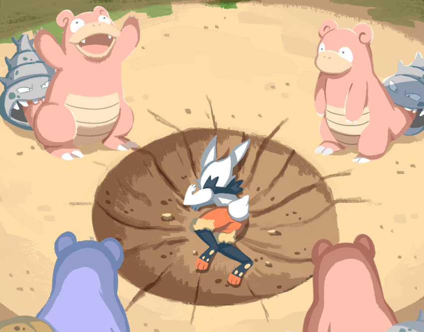 alternate_color animal_ears arms_up cinderace dashimaki_gorilla_(dasigori) defeat dragon_ball dragonball_z empty_eyes expressionless full_body gen_1_pokemon gen_8_pokemon humiliation injury looking_at_another lying meme nintendo no_humans open_mouth parody pokemon pokemon_(creature) rabbit_ears rabbit_tail shiny_pokemon slowbro standing yamcha_pose_(meme)