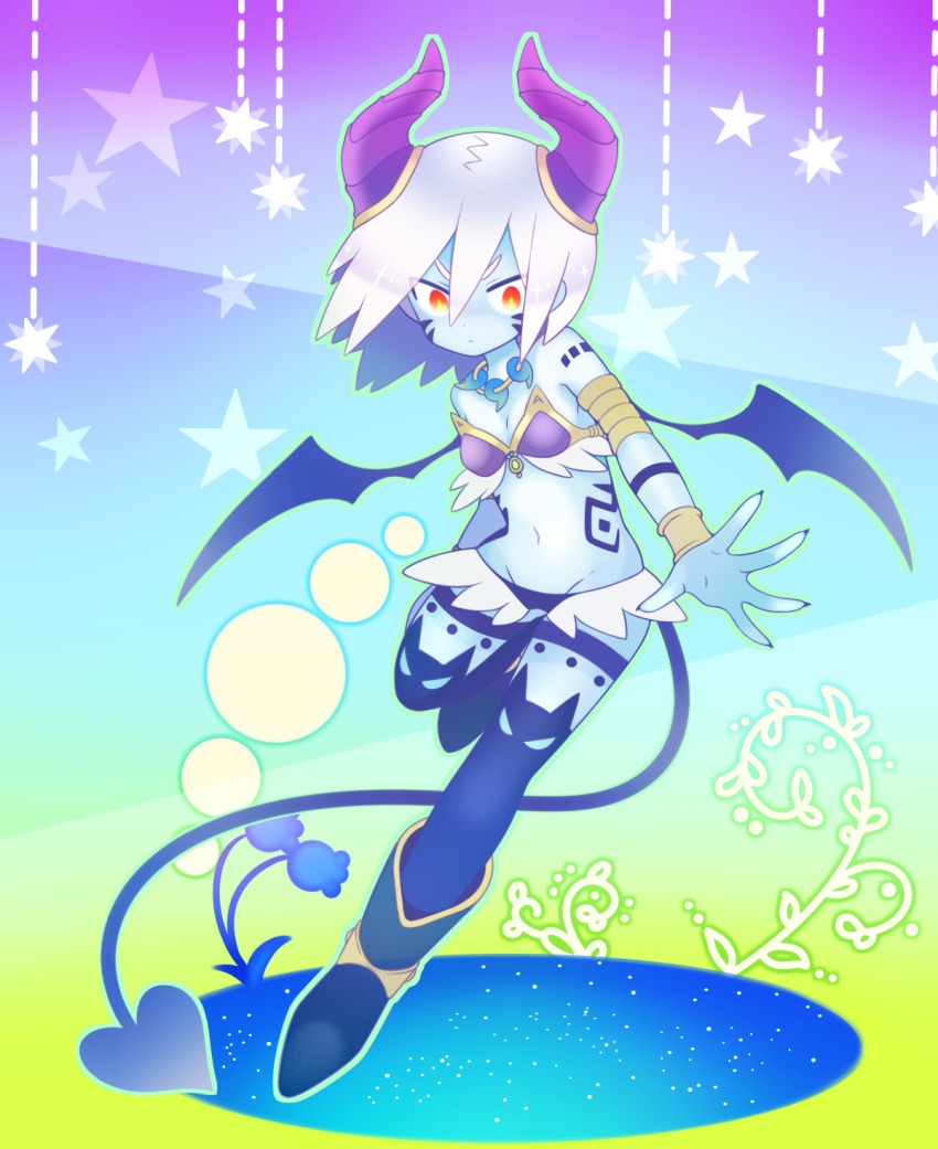 1girl armband bare_shoulders bikini bikini_top_only blue_skin boots colored_skin demon_girl demon_horns demon_tail demon_wings facial_mark female_focus flower full_body gradient_background groin highres horns jewelry kashiri_kurosuke magatama microskirt multicolored_eyes necklace original red_eyes skirt solo star_(symbol) star_symbol_background swimsuit tail tattoo thighhighs white_hair wings wrist_cuffs yellow_eyes