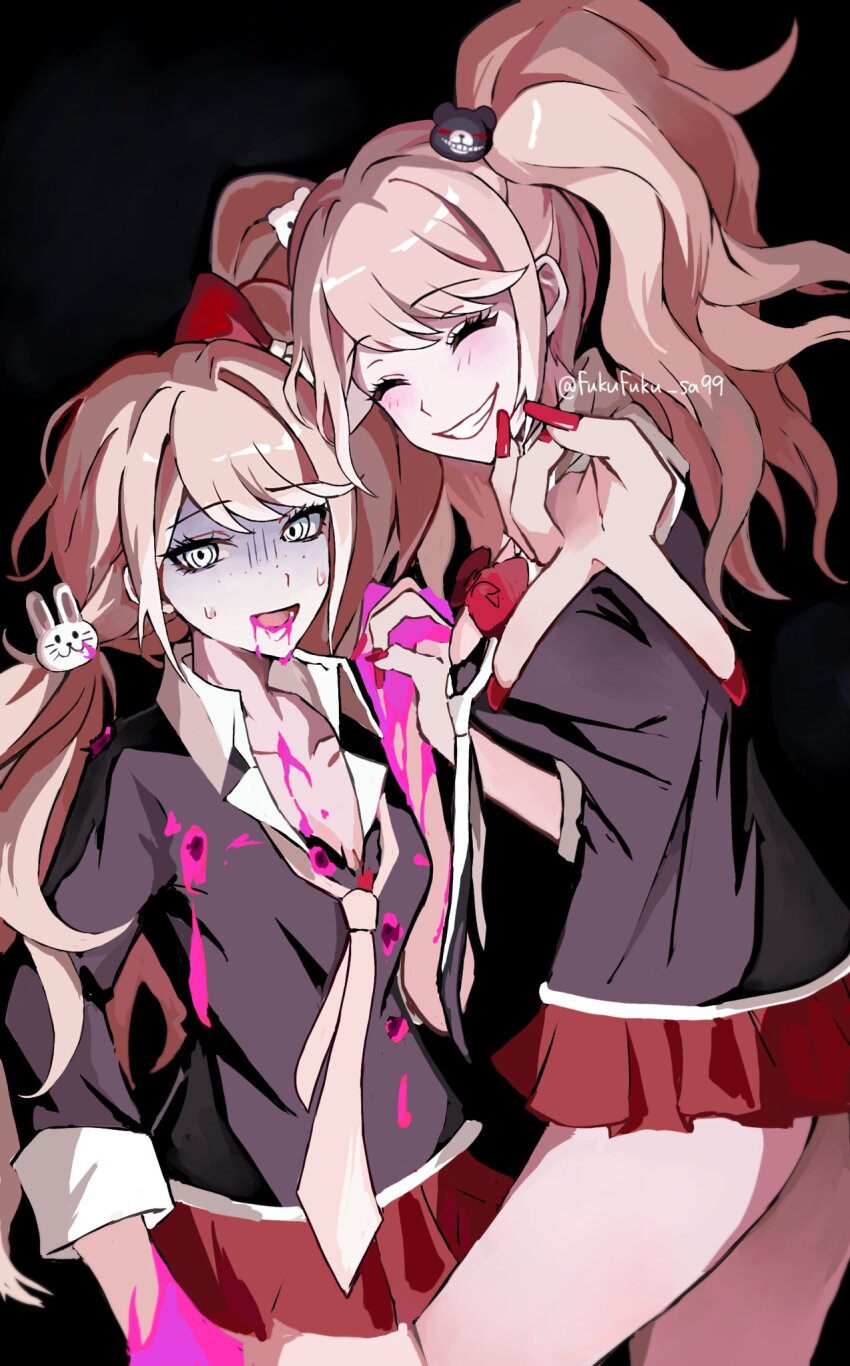 2girls :d bear_hair_ornament black_shirt blood blush bow cosplay cowboy_shot danganronpa:_trigger_happy_havoc danganronpa_(series) enoshima_junko enoshima_junko_(cosplay) facing_viewer from_side fuku_sa grin hair_ornament highres ikusaba_mukuro long_hair looking_at_viewer miniskirt multiple_girls nail_polish necktie open_mouth pink_blood rabbit_hair_ornament red_bow red_nails red_skirt shirt siblings sisters skirt smile sweat teeth v
