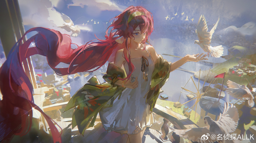 1girl absurdres backlighting balcony bare_shoulders bird blue_eyes blue_sky bottle building capelet cloud cowboy_shot day dress floating_hair green_capelet green_hairband hairband hand_up highres holding holding_bottle house long_hair looking_down ming_zhentan_allk ocean official_alternate_costume pillar red_hair reverse:1999 short_dress sky sleeveless sleeveless_dress solo very_long_hair watermark weibo_watermark white_bird white_dress yenisei_(around_the_riverbend)_(reverse:1999) yenisei_(reverse:1999)