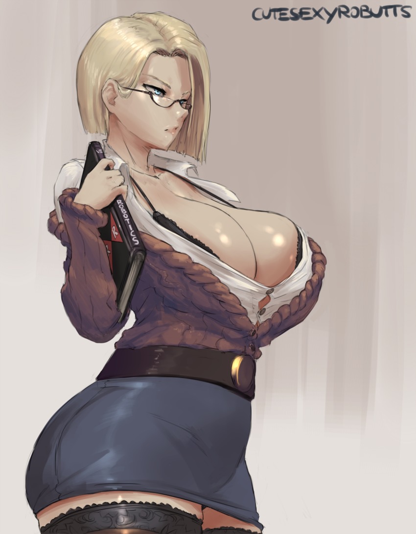 1girl android_18 artist_name belt bespectacled black_bra black_panties blonde_hair blue_eyes bra bra_peek breasts cleavage curvy cutesexyrobutts dragon_ball dragonball_z female_focus glasses highres huge_breasts long_hair microskirt miniskirt office_lady open_clothes open_shirt panties panty_peek pencil_skirt red_ribbon_army robotics semi-rimless_eyewear shirt short_hair skirt solo textbook thighhighs under-rim_eyewear underwear zettai_ryouiki