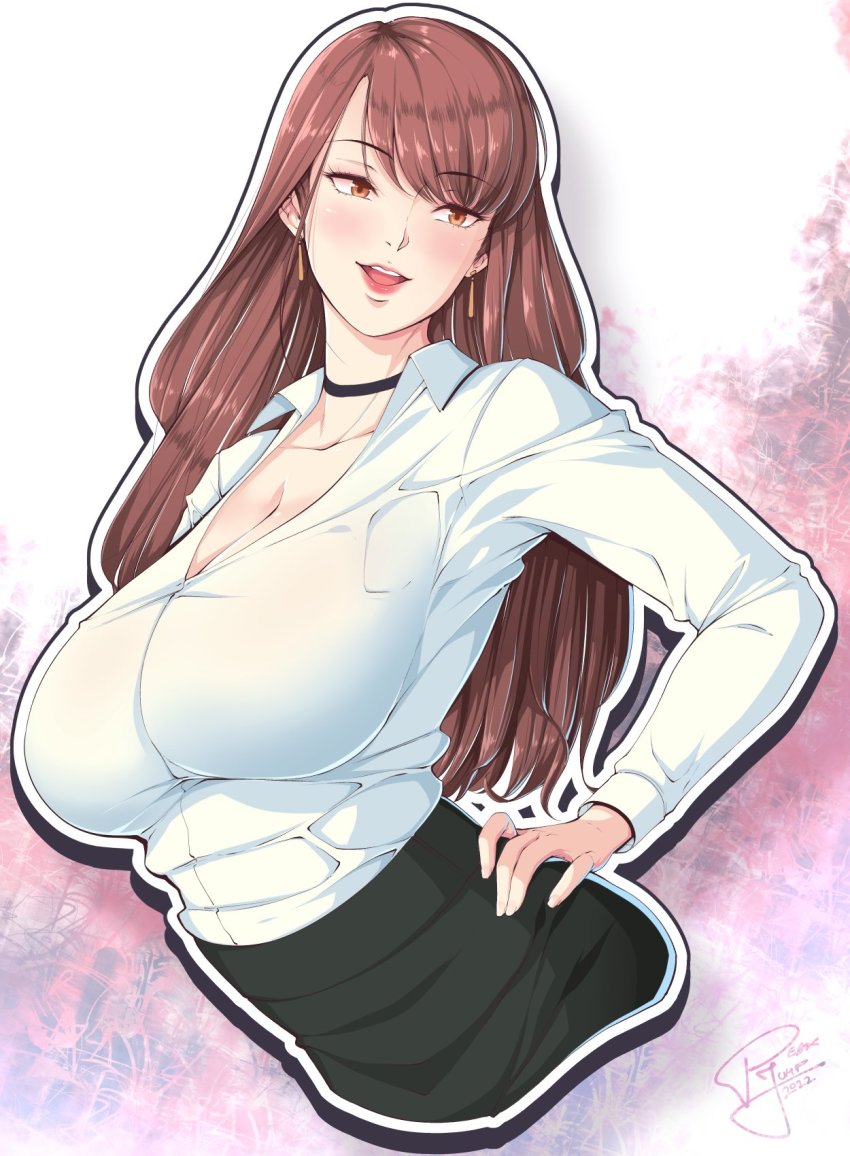 1girl asian black_skirt breasts brown_hair choker cleavage collar collarbone cutout earrings eyelashes hand_on_own_hip hand_on_own_hip highres huge_breasts jewelry lips long_hair looking_to_the_side office_lady open_clothes open_mouth open_shirt pattern_background peakjump pocket porn_star real_life shirt signature skirt solo tanaka_hitomi white_shirt