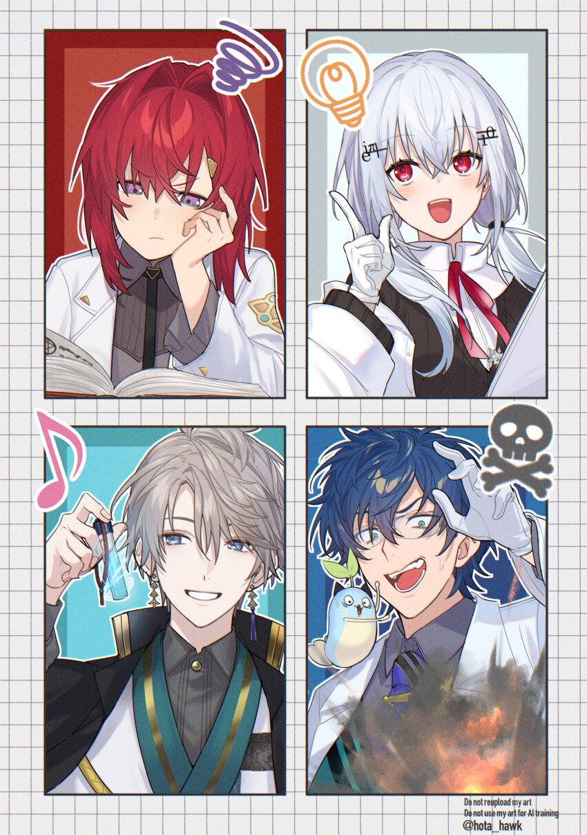 2boys 2girls absurdres ange_katrina ange_katrina_(4th_costume) aqua_background black_coat black_necktie black_sweater blue_background blue_eyes blue_hair blue_necktie book coat collared_shirt creature crossed_bangs earrings eighth_note explosion glasses gloves glowing_liquid grey_background grey_hair grey_shirt grid_border grin hair_between_eyes hair_intakes hair_ornament hair_over_shoulder hakase_fuyuki hakase_fuyuki_(1st_costume) hand_up highres holding holding_vial hota_hawk index_finger_raised japanese_clothes jewelry kaida_haru kaida_haru_(1st_costume) kimono lapels leos_vincent leos_vincent_(1st_costume) light_bulb_above_head long_bangs long_sleeves looking_at_object looking_down looking_to_the_side looking_up low_twintails mameneko_(leos_vincent) medium_hair multiple_boys multiple_girls musical_note neck_ribbon necktie nijisanji nijisanji_researcher_group notched_lapels number_hair_ornament open_book open_clothes open_coat open_mouth outline purple_eyes reading red_background red_eyes red_hair red_ribbon ribbed_sweater ribbon scared semi-rimless_eyewear shirt short_hair skull_and_crossbones smile squiggle sweatdrop sweater tassel tassel_earrings teeth triangle_hair_ornament twintails twitter_username vial virtual_youtuber white_coat white_gloves white_outline white_shirt