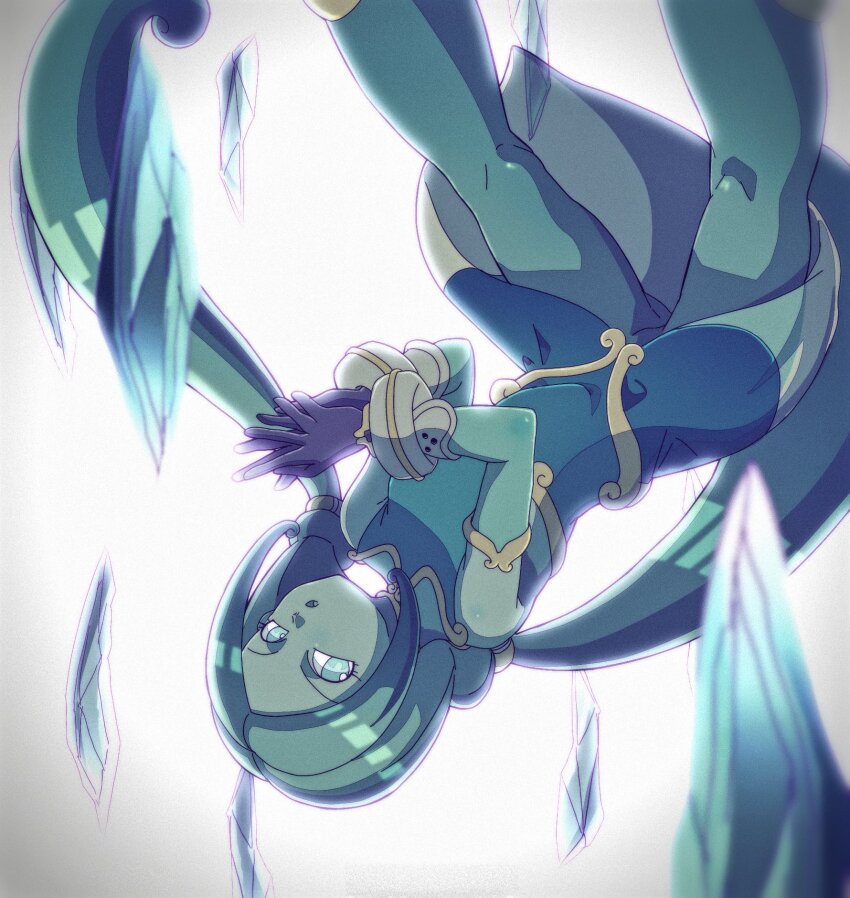 1girl :o aqua_dress aqua_eyes aqua_hair aqua_leggings aqua_skin blurry colored_skin crystal depth_of_field detached_sleeves dragon_ball dragon_ball_heroes dress floating_hair gloves hashtag-only_commentary highres lagss looking_at_viewer low_twintails no_pupils open_mouth otyumamii own_hands_together parted_bangs purple_gloves see-through_clothes see-through_dress sleeveless sleeveless_dress solo twintails upside-down white_background