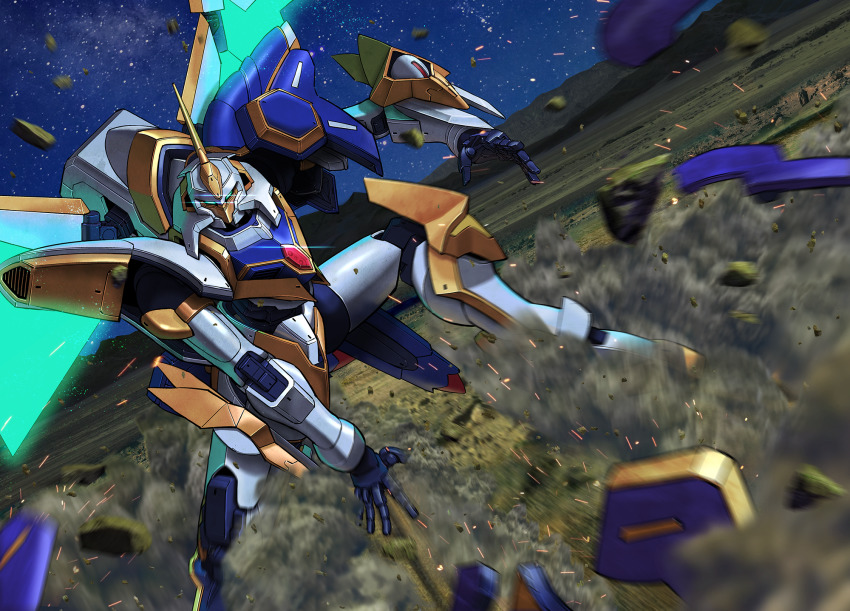 aqua_eyes code_geass code_geass:_fukkatsu_no_lelouch damaged dust energy_wings glowing glowing_eyes highres knightmare_frame lancelot_(code_geass) lancelot_sin looking_at_viewer mecha motion_blur neo_(neo-log) night night_sky no_humans open_hand photo_background robot sky sliding solo
