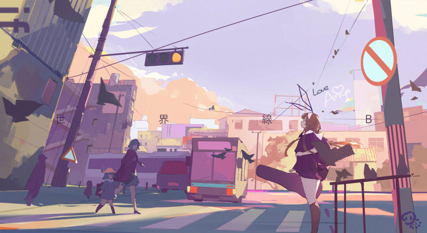 1girl 1other 3girls amiya_(arknights) animal_ears arknights artist_logo backpack bag bird bird_wings black_shirt black_skirt brown_hair building bus child chinese_text cloud crosswalk english_text feet_out_of_frame full_body heart highres holding holding_case instrument_case kneehighs lamppost logo long_hair looking_up motor_vehicle mountain multiple_girls profile rabbit_ears rabbit_girl railing road_sign scenery school_uniform shirt sign silhouette skirt skyscraper socks stairs standing sunset traffic_light tree walking wings yeast_powder